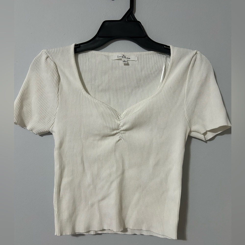 Love Tree Ivory Ribbed V-Neck Blouse